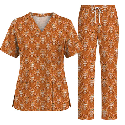 Orange Tabby Cat Love Nurse Scrub Top, Cute Cat Pattern Scrubs For Nurses, Breathable Fabrics Nursing Uniform