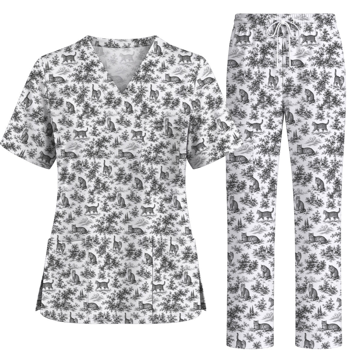 Toile de Jouy Cat Scrub Top, Crazy Cats Pattern Nursing Uniform for Cat Lovers, Vintage Feline Medical Scrubs