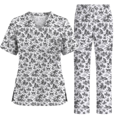 Toile de Jouy Cat Scrub Top, Crazy Cats Pattern Nursing Uniform for Cat Lovers, Vintage Feline Medical Scrubs
