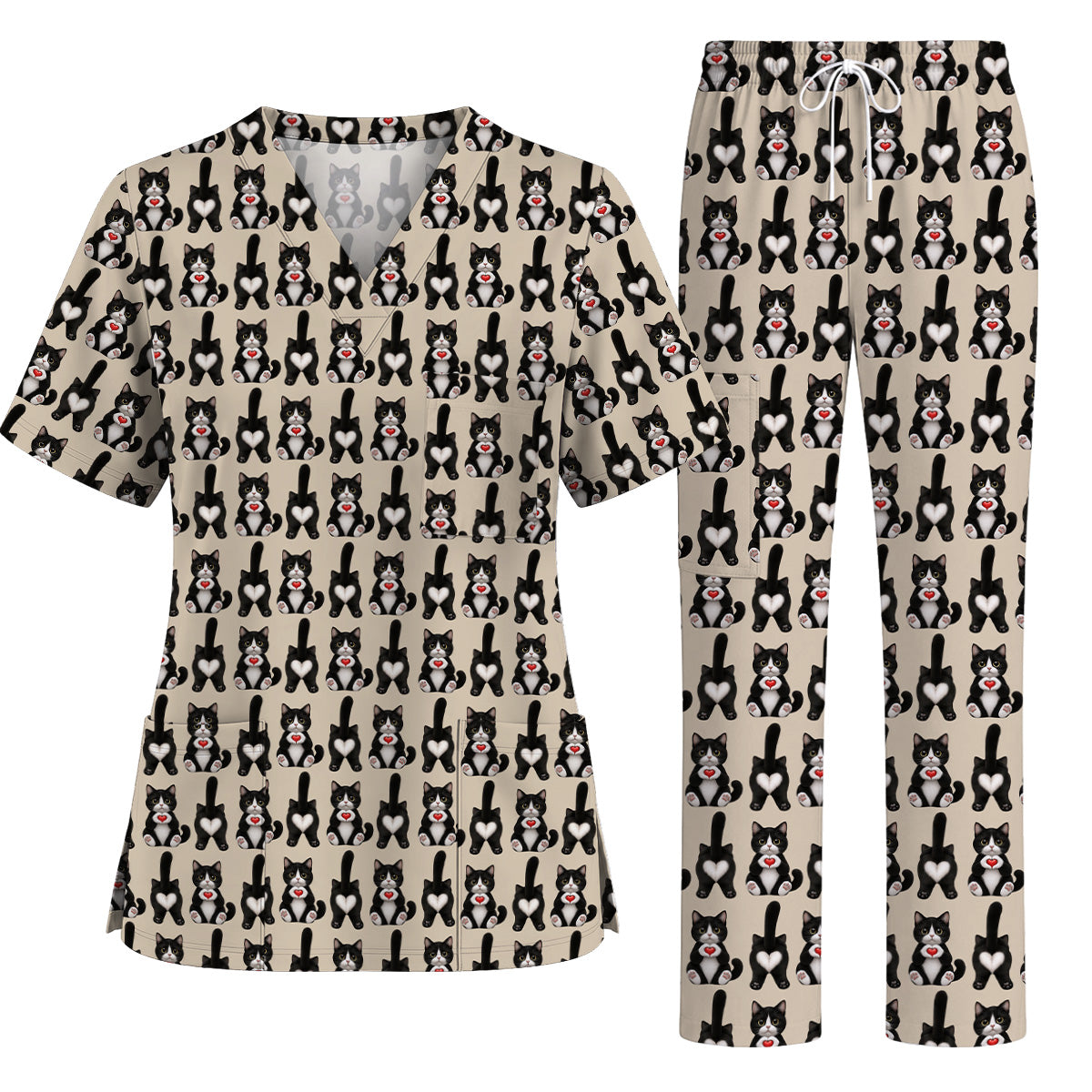 Funny Tuxedo Cat Pattern Scrub Top, Cute Cat Nurse Scrubs, Breathable Fabrics Nursing Uniform