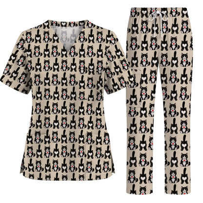 Funny Tuxedo Cat Pattern Scrub Top, Cute Cat Nurse Scrubs, Breathable Fabrics Nursing Uniform