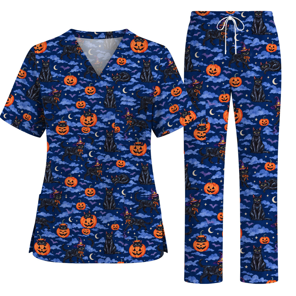 Black Cat Halloween Scrub Top, Witchy Pumpkin Nurse Scrubs, Spooky Season Healthcare Uniform