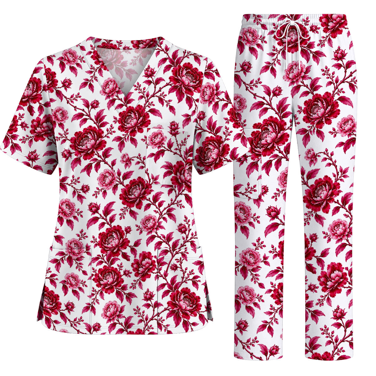 Peony Floral Scrub Top for Women, Elegant Peony Nurse Scrub Shirt, Floral Nursing Uniform For Healthcare Workers
