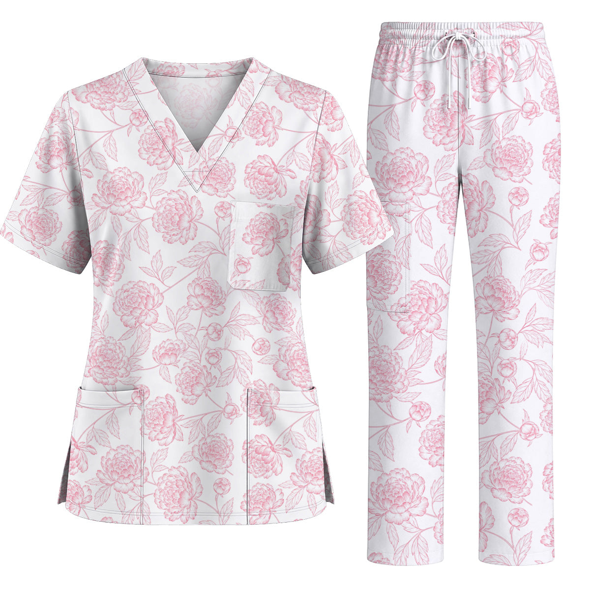 Peony Floral Pattern Scrub Top, Pink Peony Nurse Scrubs, Floral Nursing Uniform