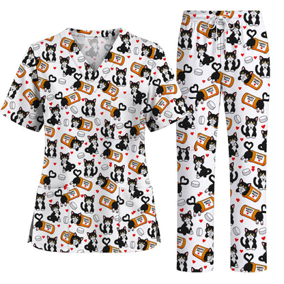 Cute Cat Nurse Scrub Top, Funny Happy Pills Medical Scrubs, Cat Lover Healthcare Uniform