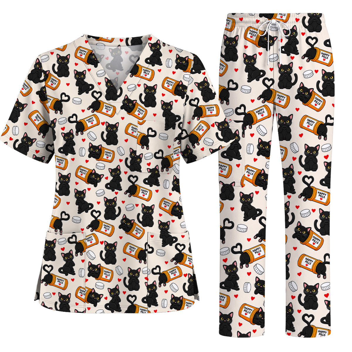 Black Cat Happy Pills Nurse Scrub Top, Funny Pharmacy Cat Scrubs for Nurses, Cute Medical Nursing Uniform Gift