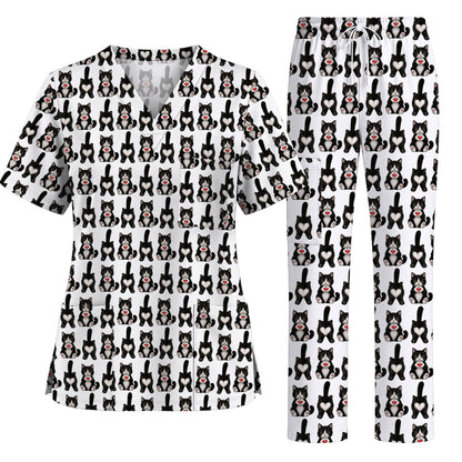 Funny Tuxedo Cat Pattern Scrub Top, Cute Cat Nurse Scrubs, Breathable Fabrics Nursing Uniform