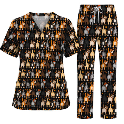 Funny Autumn Cat Scrub Top, Cozy Fall Cat Scrubs Nurse for Cat Lovers, Breathable Fabrics Nursing Uniform