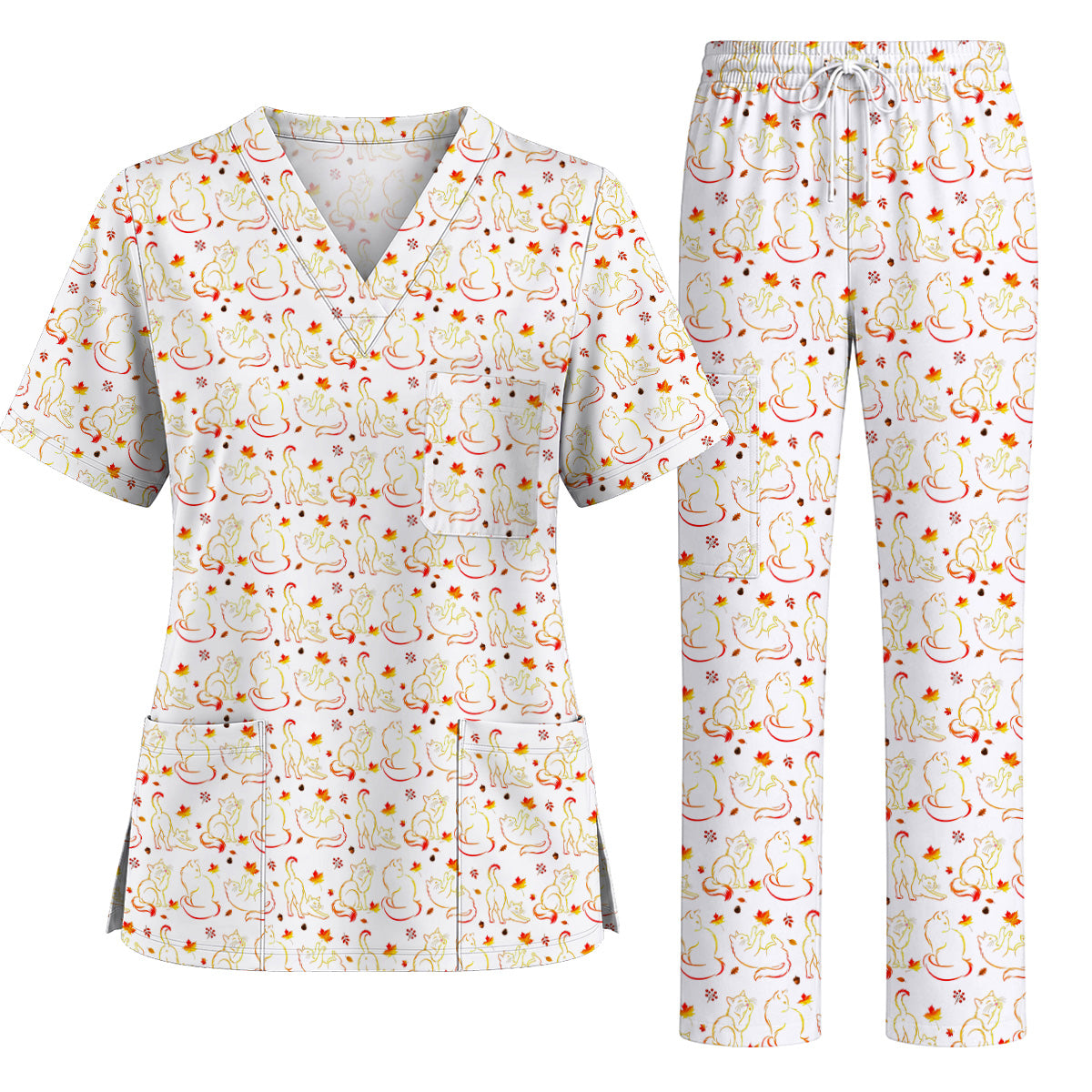 Autumn Black Cat Scrub Top, Fall Cat Nursing Uniform for Cat Lovers, Comfortable Feline Medical Scrubs For Nurse