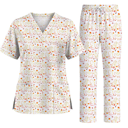 Autumn Black Cat Scrub Top, Fall Cat Nursing Uniform for Cat Lovers, Comfortable Feline Medical Scrubs For Nurse