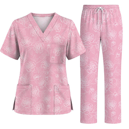 Peony Floral Pattern Scrub Top, Pink Peony Nurse Scrubs, Floral Nursing Uniform
