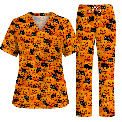 Halloween Cat Scrub Top, Pumpkin Nurse Scrubs, Spooky Season Scrub Uniform