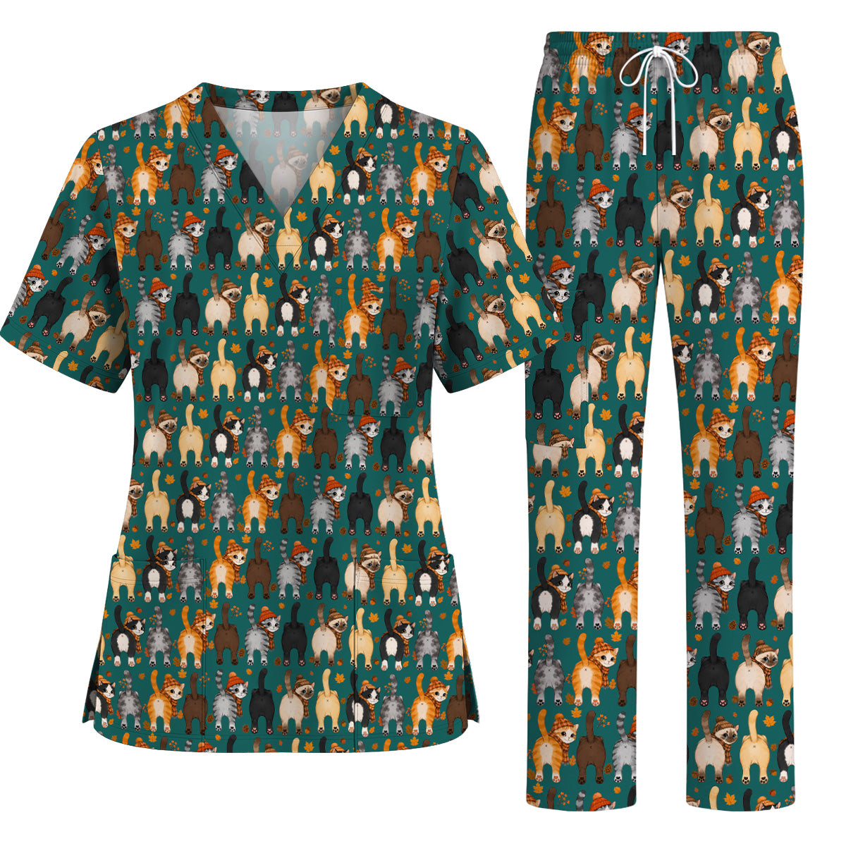 Funny Autumn Cat Scrub Top, Cozy Fall Cat Scrubs Nurse for Cat Lovers, Breathable Fabrics Nursing Uniform