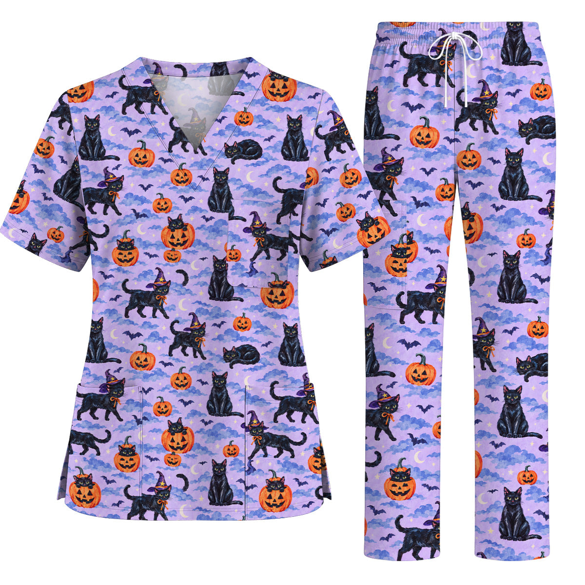 Black Cat Halloween Scrub Top, Witchy Pumpkin Nurse Scrubs, Spooky Season Healthcare Uniform