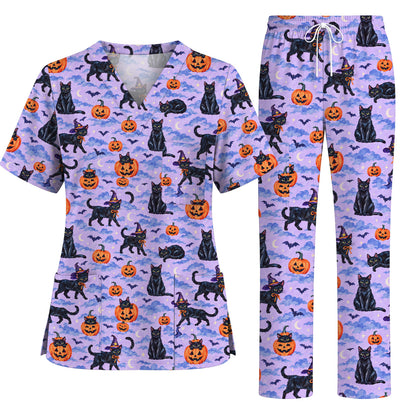 Black Cat Halloween Scrub Top, Witchy Pumpkin Nurse Scrubs, Spooky Season Healthcare Uniform