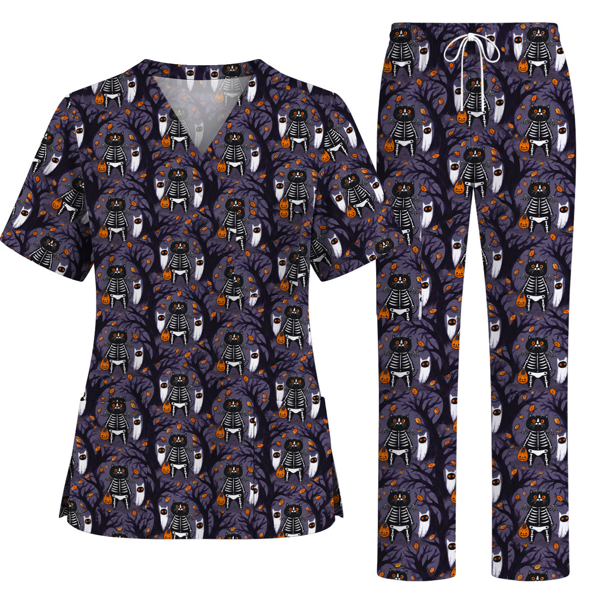 Skeleton Cat Halloween Scrub Top, Spooky Black Cat Nurse Scrubs, Halloween Medical Uniform