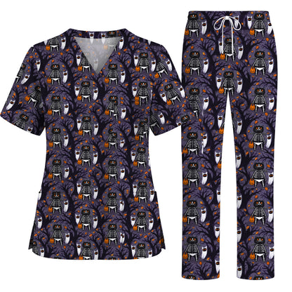 Skeleton Cat Halloween Scrub Top, Spooky Black Cat Nurse Scrubs, Halloween Medical Uniform