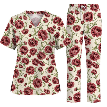 Peony Floral Pattern Scrub Top, Crazy Pink Peony Nurse Scrubs, Breathable Fabrics Nursing Uniform