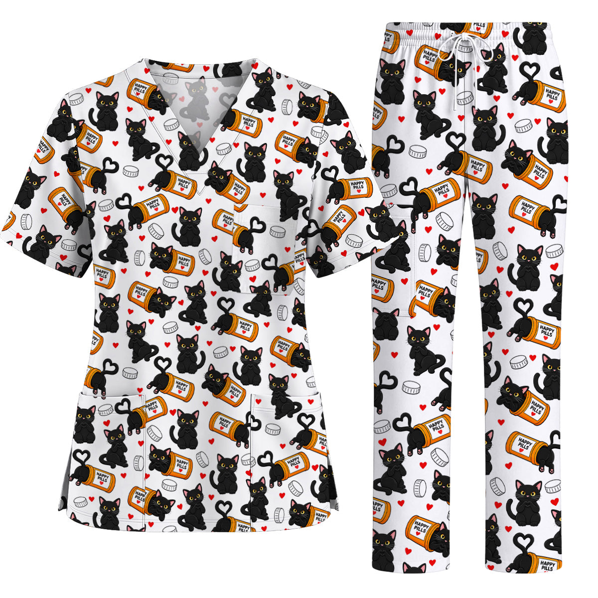 Black Cat Happy Pills Nurse Scrub Top, Funny Pharmacy Cat Scrubs for Nurses, Cute Medical Nursing Uniform Gift