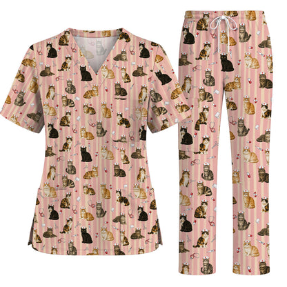Nurse Cat Scrub Top, Cat Lover Medical Nurse Uniform for Veterinary & Healthcare Workers, Comfortable Feline Nursing Scrubs