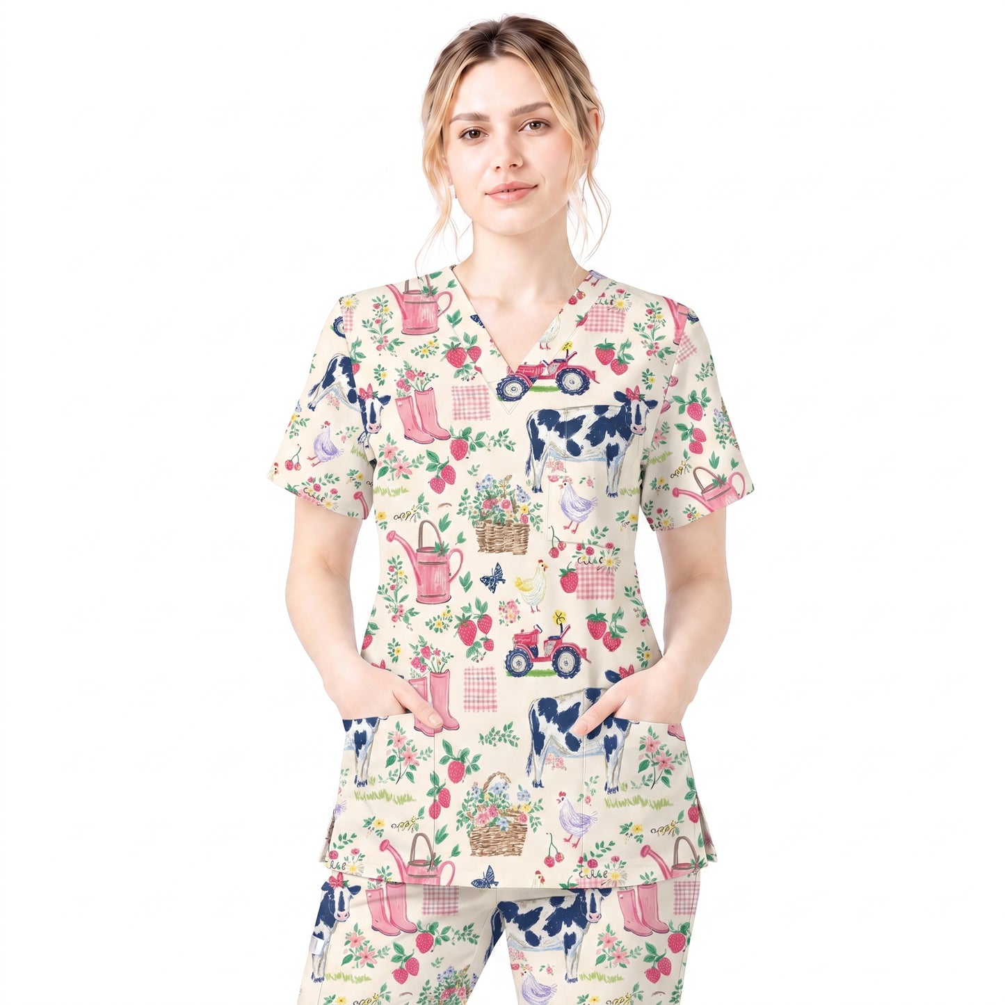 Farm Fresh Scrub Top for Women, Vintage Farm Animals Nursing Uniform, Breathable Medical Scrub Shirt