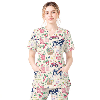 Farm Fresh Scrub Top for Women, Vintage Farm Animals Nursing Uniform, Breathable Medical Scrub Shirt