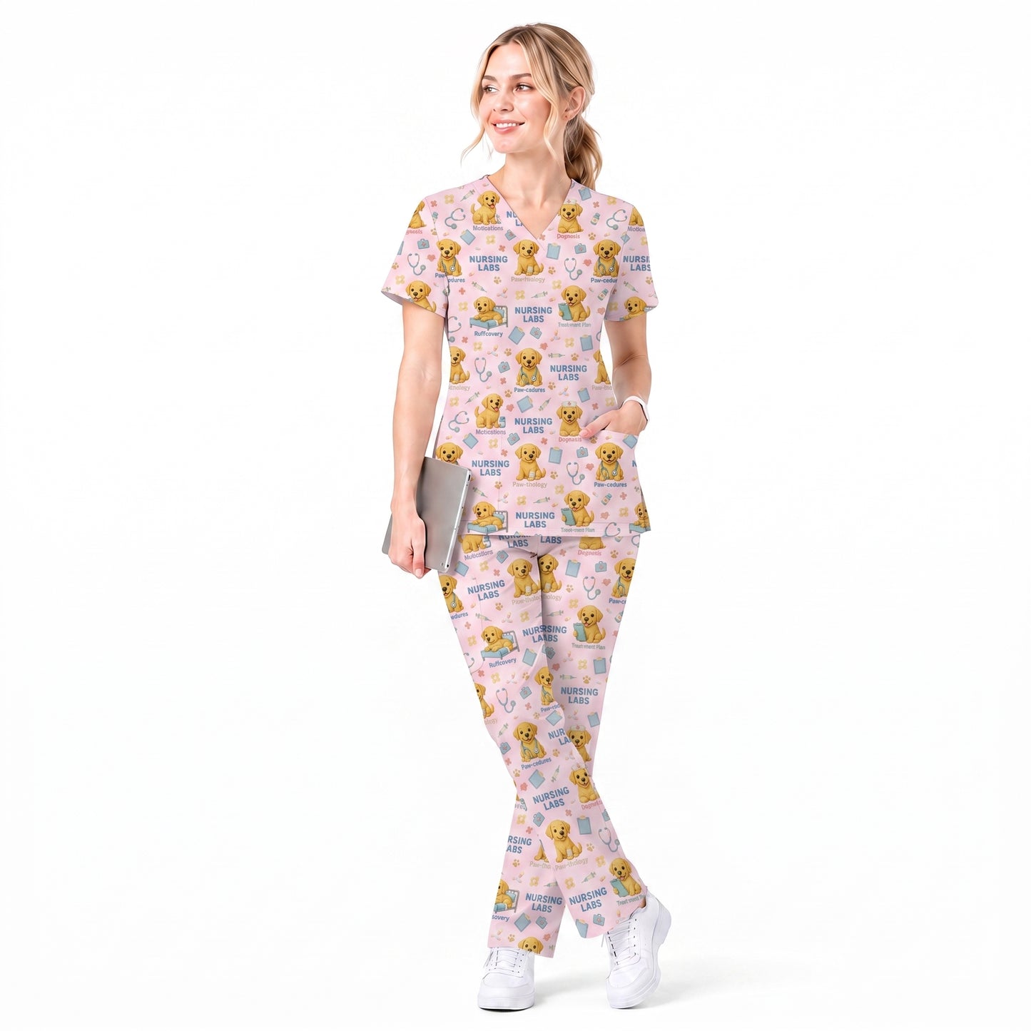 Labrador Nursing Scrub Top, Cute Dog Pattern Nurse Uniform, Comfortable Scrubs For Nurses