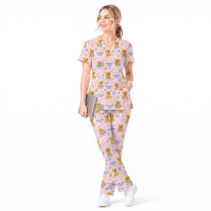 Labrador Nursing Scrub Top, Cute Dog Pattern Nurse Uniform, Comfortable Scrubs For Nurses
