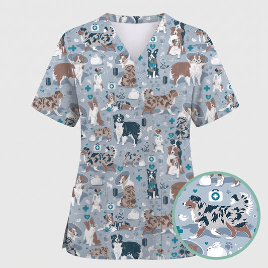 Cute Dog Pattern Veterinary Scrub Top, Breathable Fabrics Nursing Uniform, Gift For Nursing