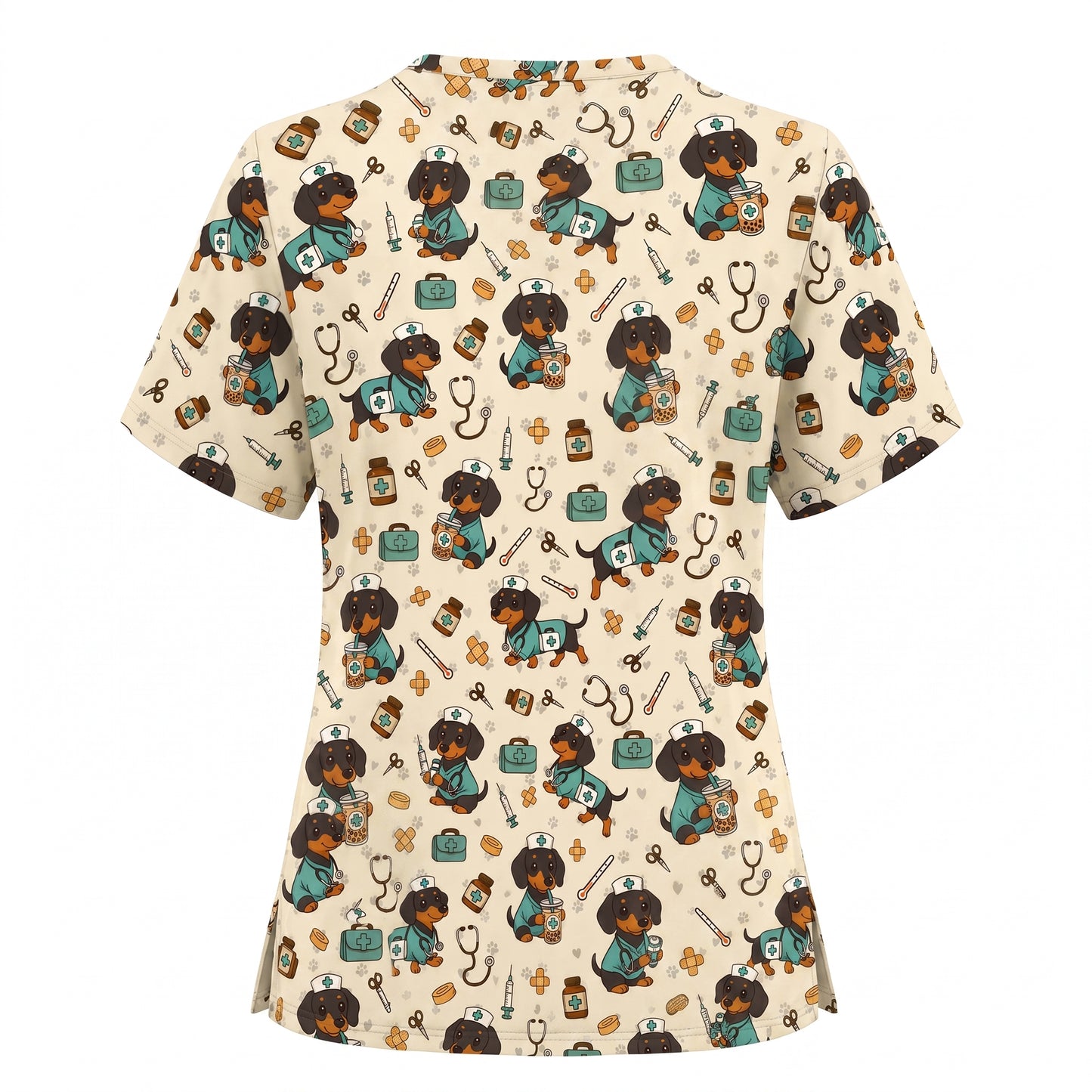 Funny Dachshund Pattern Medical Shirt Nursing, Cute Wiener Dog Nurse Scrub Top, Breathable Med Uniform, RN CNA Doctor Scrubs