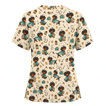 Funny Dachshund Pattern Medical Shirt Nursing, Cute Wiener Dog Nurse Scrub Top, Breathable Med Uniform, RN CNA Doctor Scrubs