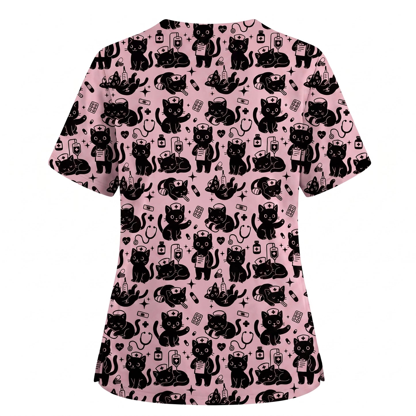 Funny Cat Pattern Scrub, Cute Black Cat Nurse Pattern Scrub Top, Breathable Fabrics Nursing Uniform