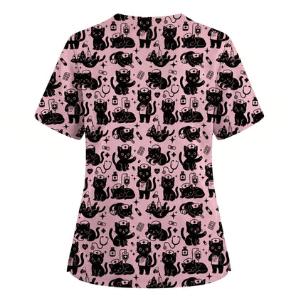 Funny Cat Pattern Scrub, Cute Black Cat Nurse Pattern Scrub Top, Breathable Fabrics Nursing Uniform