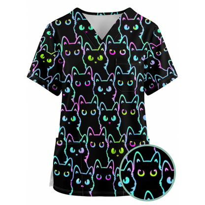 Black Cat Scrub Shirt, Neon Cat Pattern Scrub Top, Breathable Fabrics Nursing Uniform
