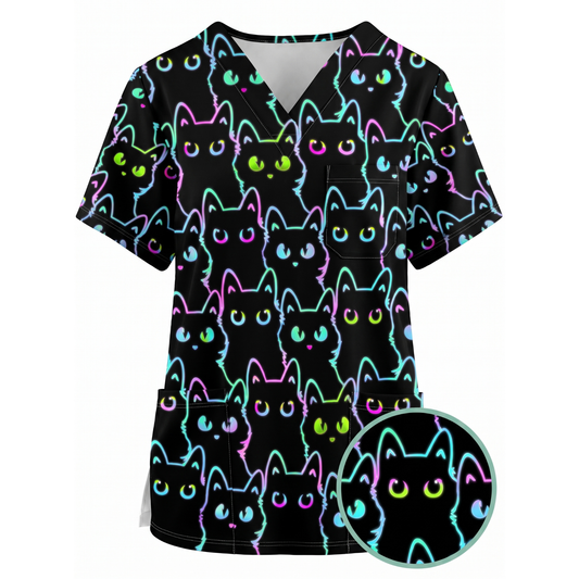 Black Cat Scrub Shirt, Neon Cat Pattern Scrub Top, Breathable Fabrics Nursing Uniform