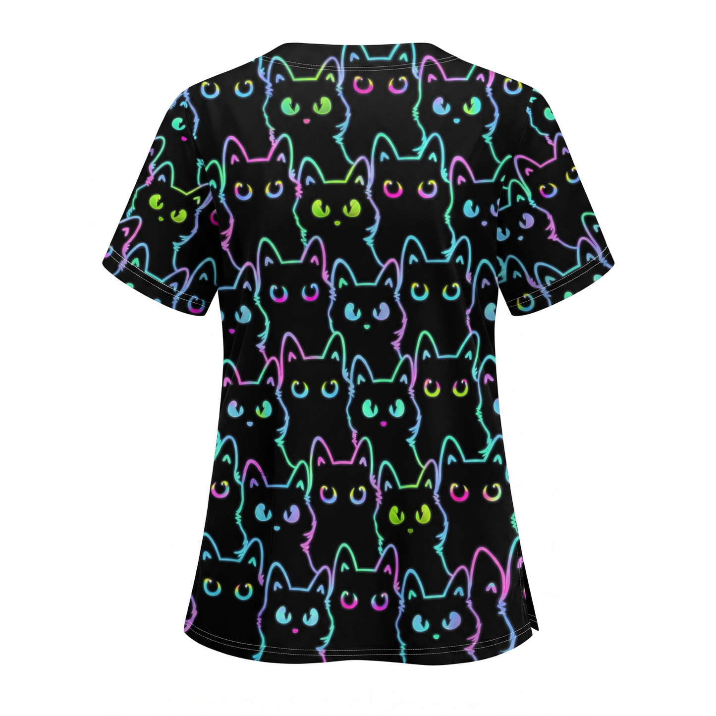 Black Cat Scrub Shirt, Neon Cat Pattern Scrub Top, Breathable Fabrics Nursing Uniform