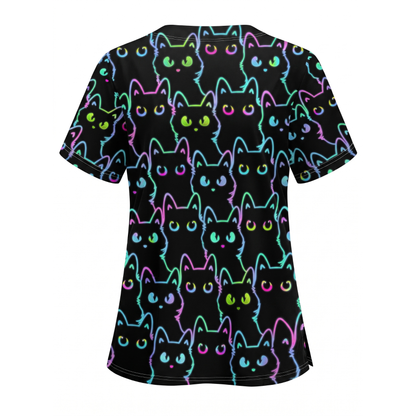 Black Cat Scrub Shirt, Neon Cat Pattern Scrub Top, Breathable Fabrics Nursing Uniform