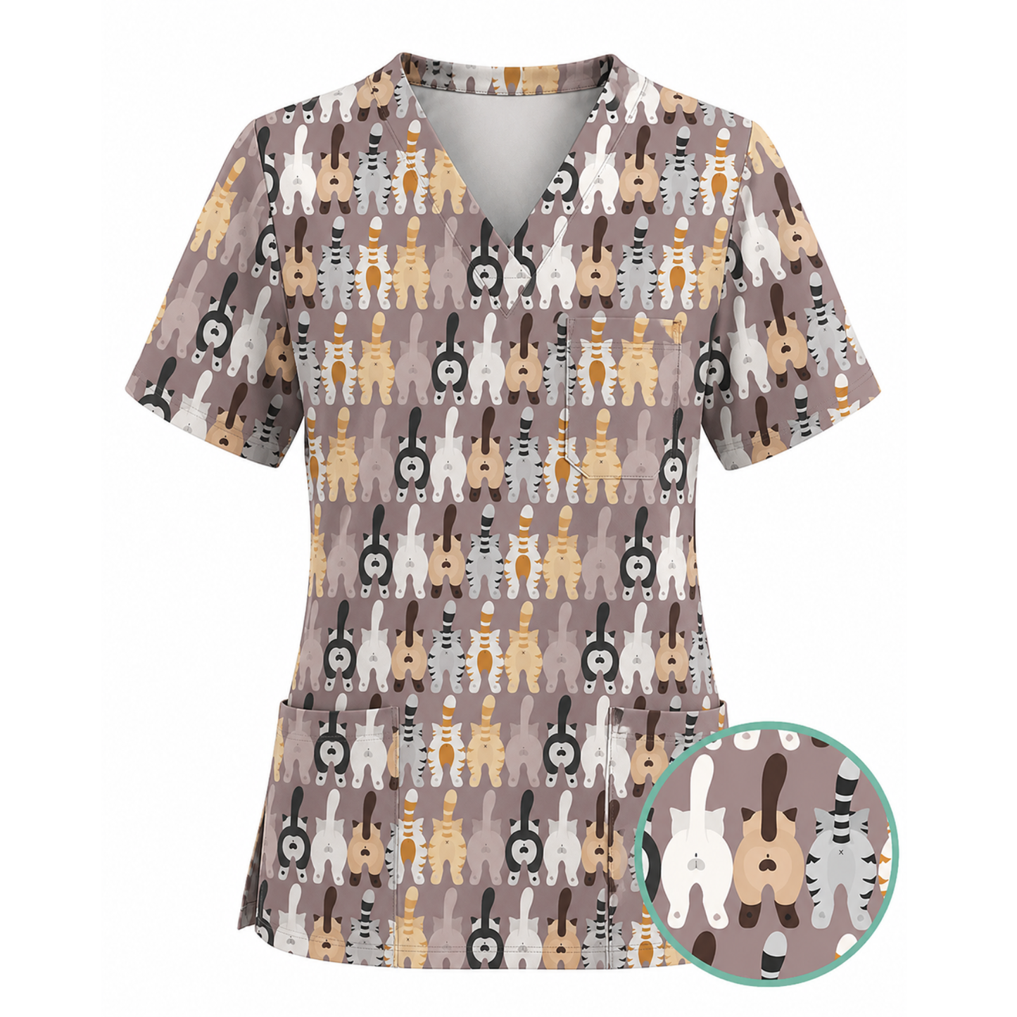 Funny Cat Nursing Shirt, Cute Cat Butt Pattern Scrub Top, Comfortable Scrubs For Nurses