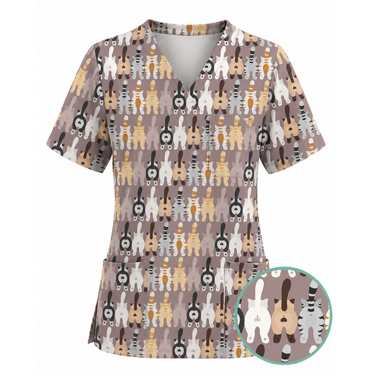 Funny Cat Nursing Shirt, Cute Cat Butt Pattern Scrub Top, Comfortable Scrubs For Nurses