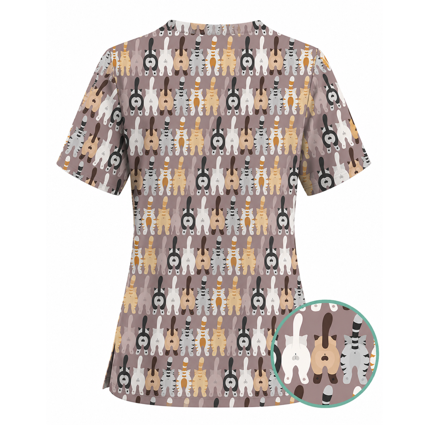 Funny Cat Nursing Shirt, Cute Cat Butt Pattern Scrub Top, Comfortable Scrubs For Nurses