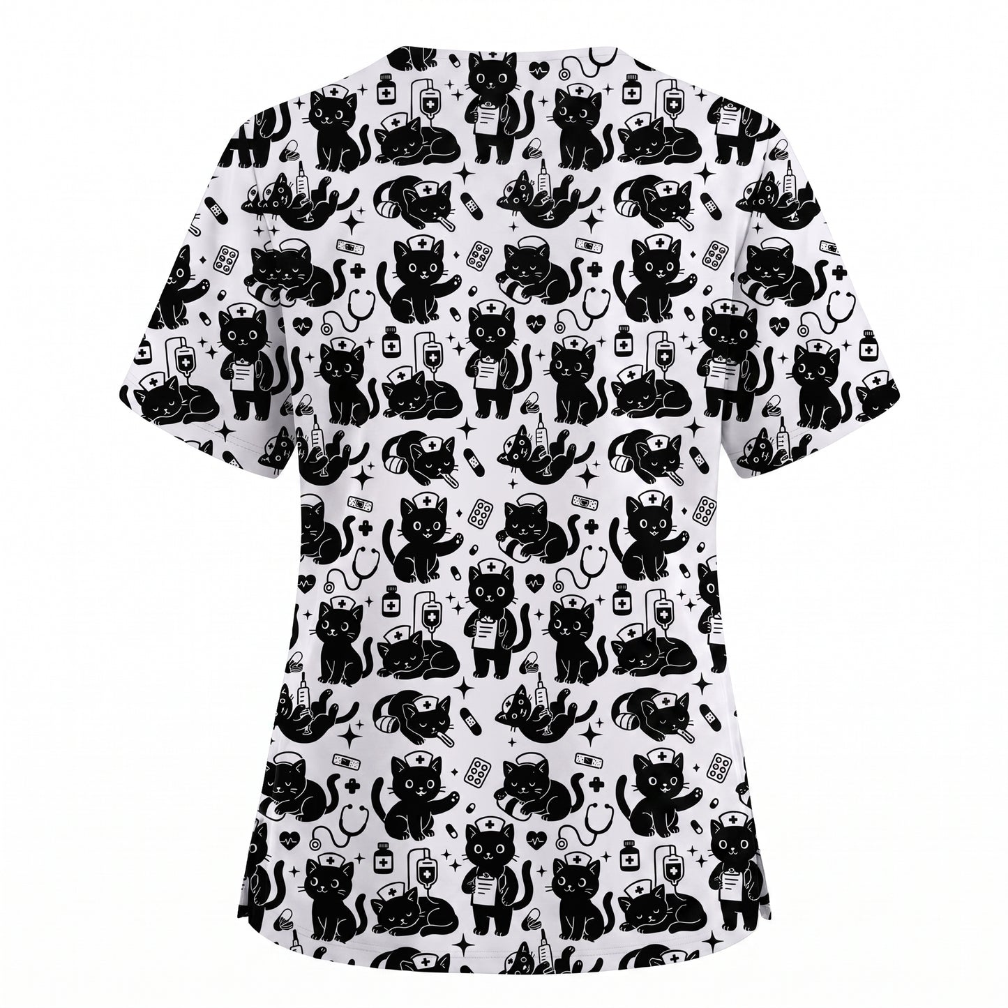 Funny Cat Pattern Scrub, Cute Black Cat Nurse Pattern Scrub Top, Breathable Fabrics Nursing Uniform