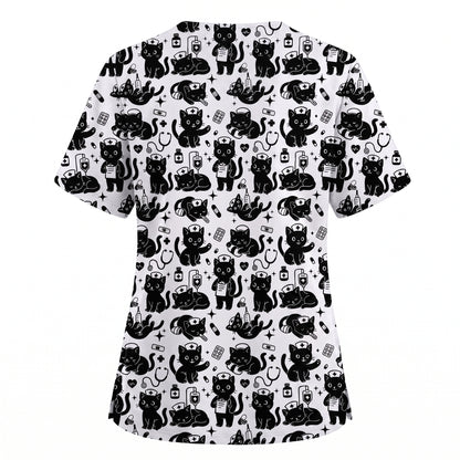 Funny Cat Pattern Scrub, Cute Black Cat Nurse Pattern Scrub Top, Breathable Fabrics Nursing Uniform