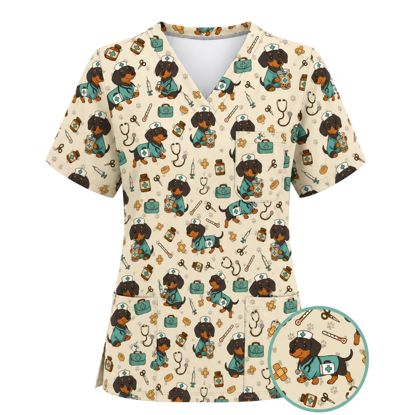 Funny Dachshund Pattern Medical Shirt Nursing, Cute Wiener Dog Nurse Scrub Top, Breathable Med Uniform, RN CNA Doctor Scrubs