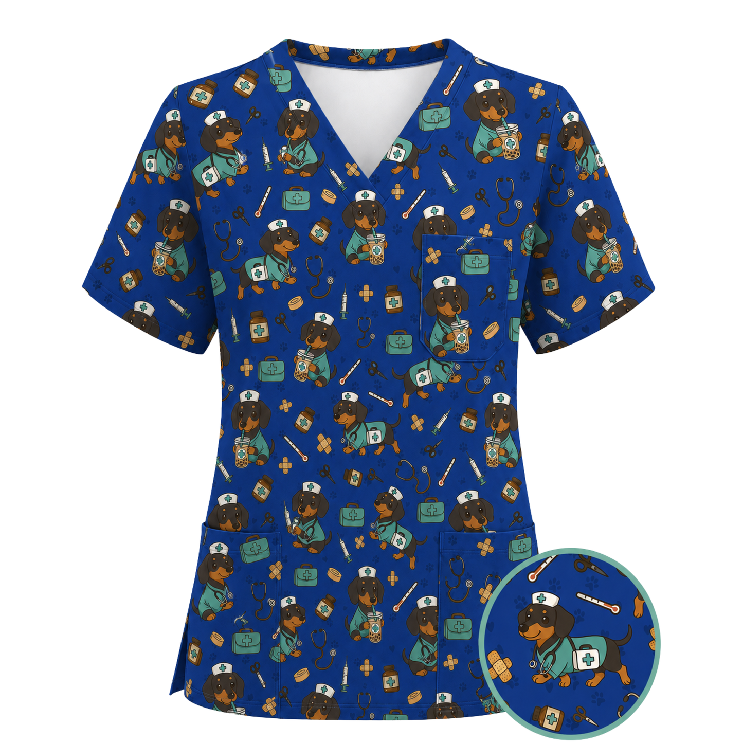 Funny Dachshund Pattern Medical Shirt Nursing, Cute Wiener Dog Nurse Scrub Top, Breathable Med Uniform, RN CNA Doctor Scrubs