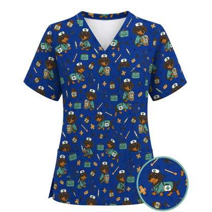 Funny Dachshund Pattern Medical Shirt Nursing, Cute Wiener Dog Nurse Scrub Top, Breathable Med Uniform, RN CNA Doctor Scrubs
