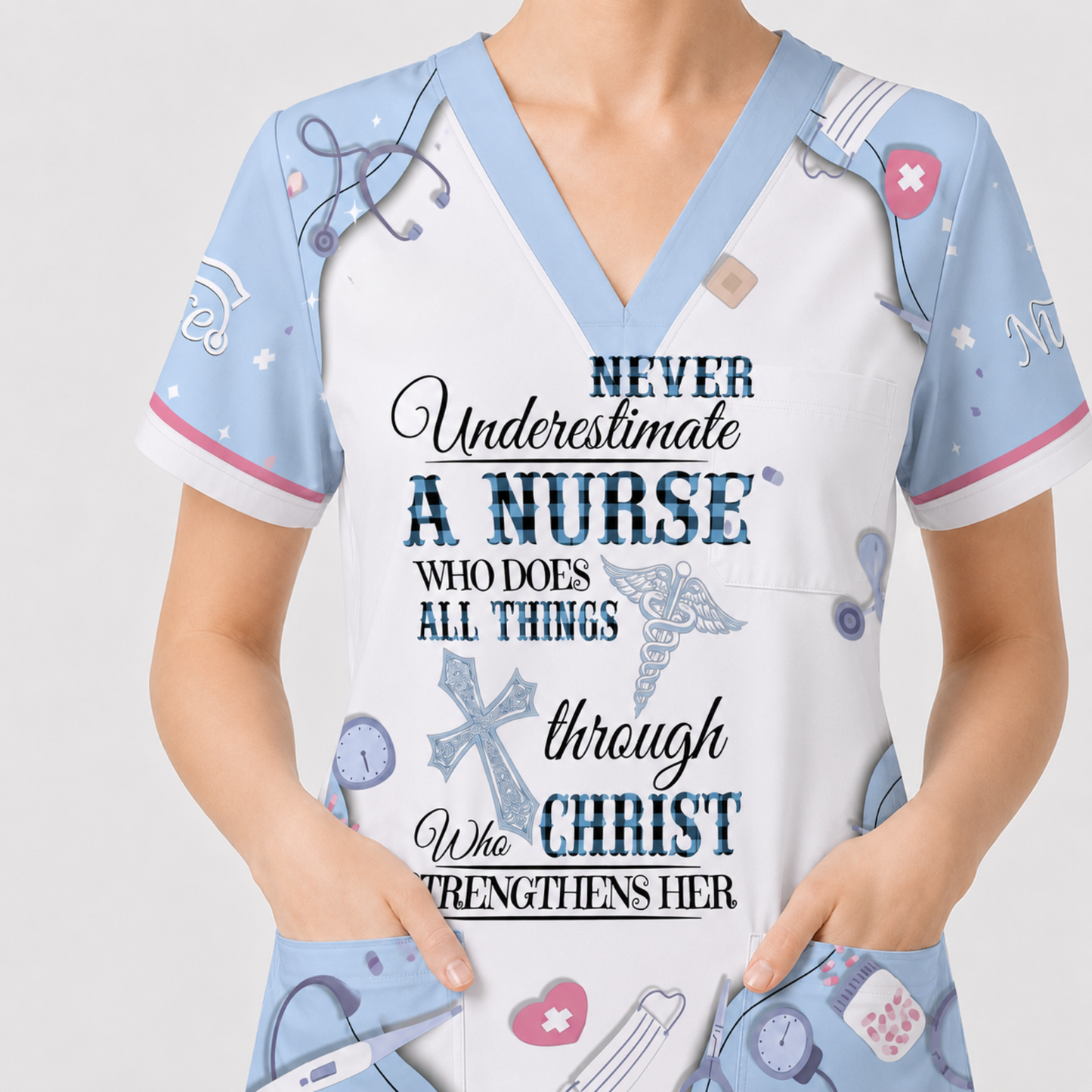 Nursing Faith Scrub For Women, Bible Verse All Things Through Christ Nurs Uniform, Religious Gift for Healthcare Professionals RN LPN CNA