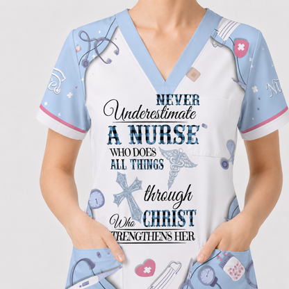 Nursing Faith Scrub For Women, Bible Verse All Things Through Christ Nurs Uniform, Religious Gift for Healthcare Professionals RN LPN CNA