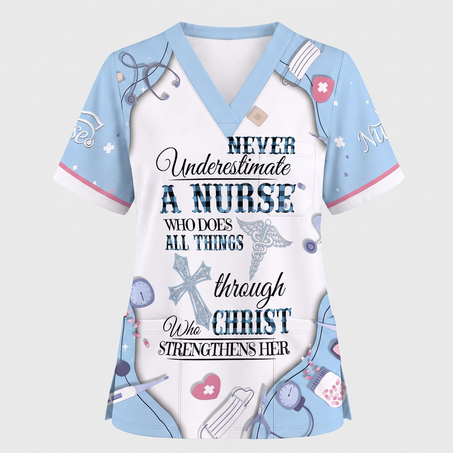 Nursing Faith Scrub For Women, Bible Verse All Things Through Christ Nurs Uniform, Religious Gift for Healthcare Professionals RN LPN CNA