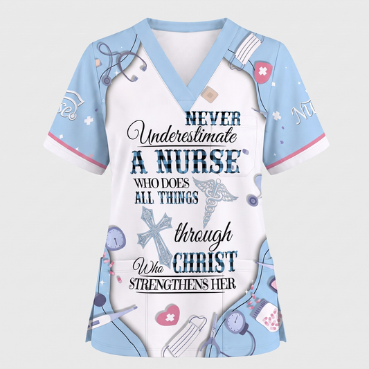 Nursing Faith Scrub For Women, Bible Verse All Things Through Christ Nurs Uniform, Religious Gift for Healthcare Professionals RN LPN CNA
