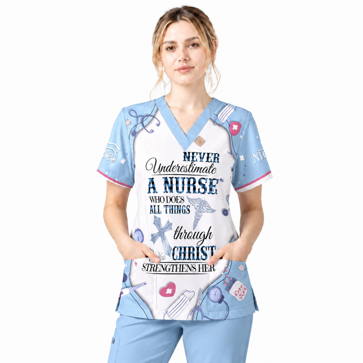 Nursing Faith Scrub For Women, Bible Verse All Things Through Christ Nurs Uniform, Religious Gift for Healthcare Professionals RN LPN CNA